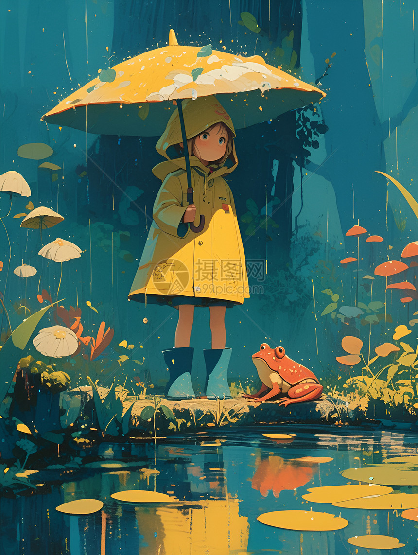 女孩在雨中举着伞图片