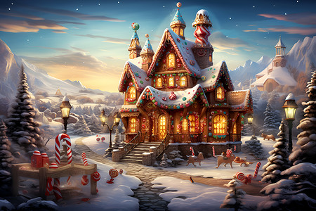 山谷中的圣诞小屋插画背景图片