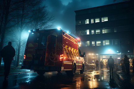 紧急救火的消防车大楼前的消防车背景