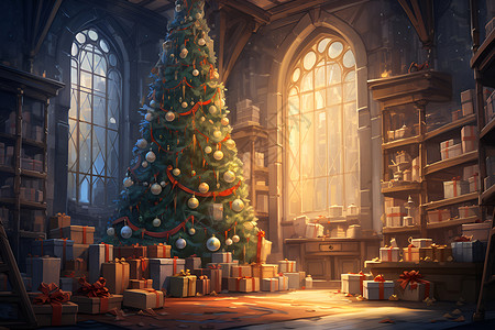 古典别墅里的圣诞树背景图片