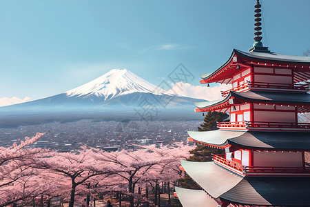 樱花雪雪山下的寺庙背景