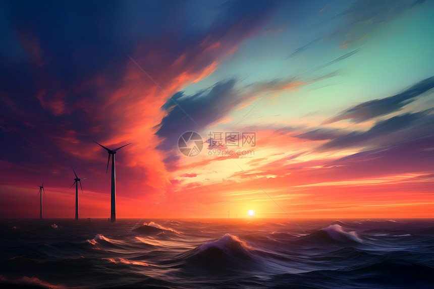 日落时海洋中的涡轮机图片