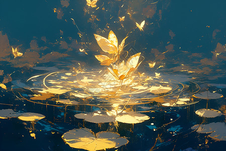 池塘莲花上的蝴蝶背景图片
