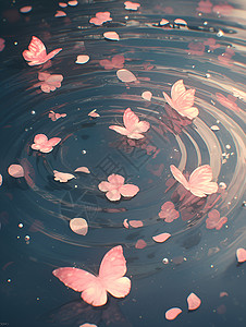粉色花束池塘上的粉色蝴蝶插画