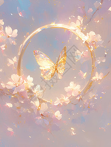 金色花卉花海中的金色蝴蝶插画
