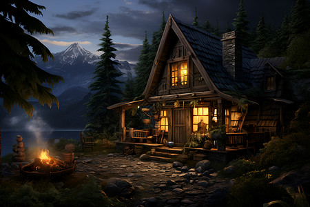 森林篝火夜幕下的山林小屋插画