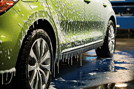 洗车泡沫绿色汽车商的泡沫背景