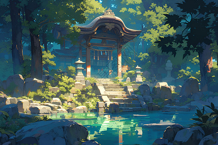 翠绿浓郁湖泊中的山寺插画