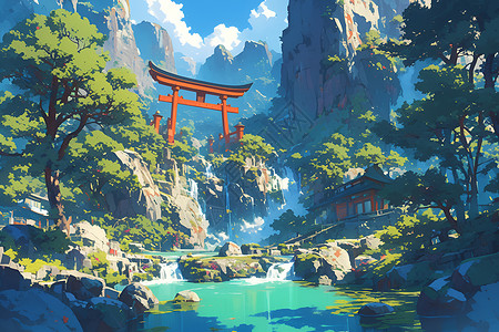 翠绿浓郁隐秘山寺插画