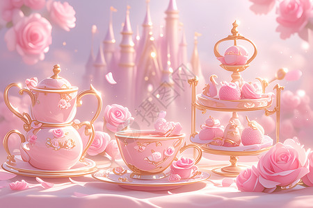 茶杯蛋糕粉色茶会插画