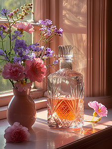 桌子上的玻璃瓶背景图片