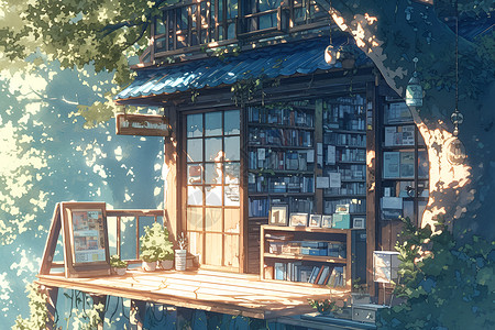 林间木屋里的书架背景图片