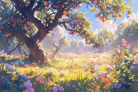 花卉上的苹果园背景图片