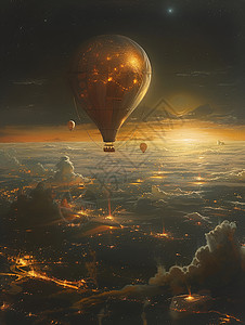 夜空中飞行的热气球背景图片