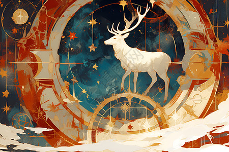 天体符号仙境中的飞行鹿插画