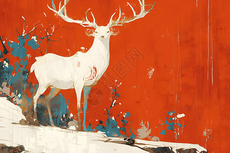 敦煌风格红墙背景下的白鹿插画