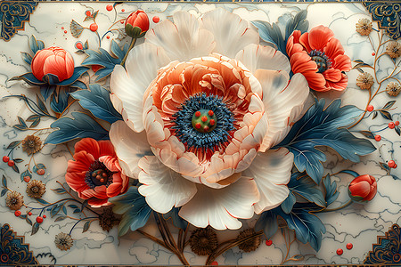 青花瓷盘瓷盘上的牡丹设计图片