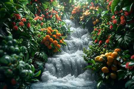 水果花草花边蔬菜和河流设计图片