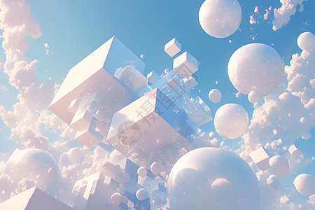 云朵气泡白色球体与立方体设计图片