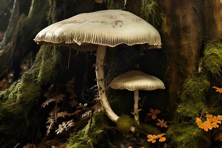 森林树桩树桩上的蘑菇背景
