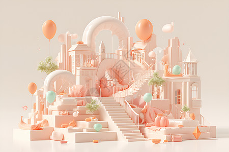 粉色向上楼梯梦幻粉色建筑模型插画