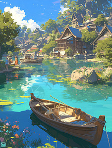 古村河流里的木船背景图片