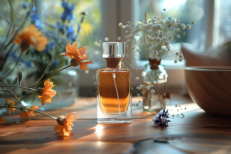 家用化妆品香水香水和花朵背景