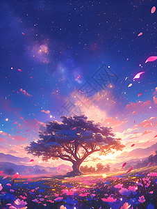 星空下绽放粉色花瓣的树背景图片