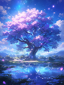 星空下的紫花树背景图片