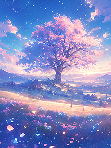 星空下绚丽的粉色树背景图片