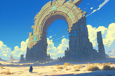 古代桥梁梦幻沙漠中的古代废墟插画
