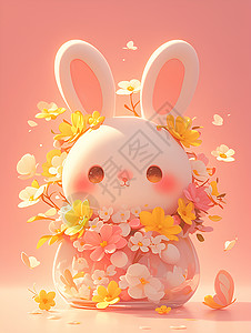被花朵围绕的可爱兔子背景图片