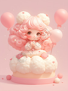 松软蛋糕可爱小人与粉色蛋糕插画