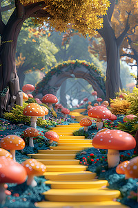 干菌子梦幻蘑菇和树木设计图片