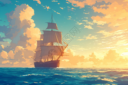 帆船日出日出下一艘木船插画