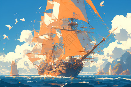 海上蓝天海上的木制船只插画