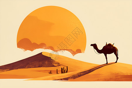 一盆仙人掌沙漠中站着一只骆驼插画