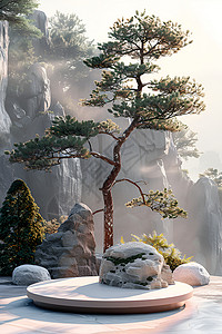 圆形平台一座岩石和树木背景