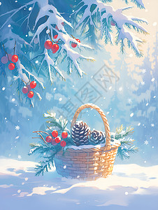 松果与雪花的宁静景致背景图片