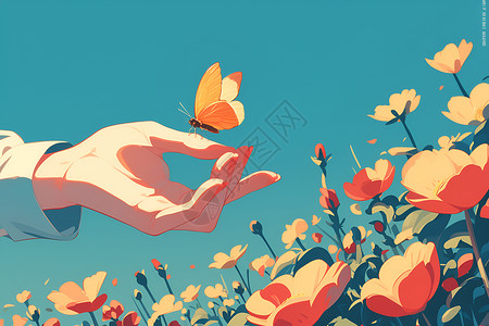 花瓣飞扬手中的蝴蝶插画
