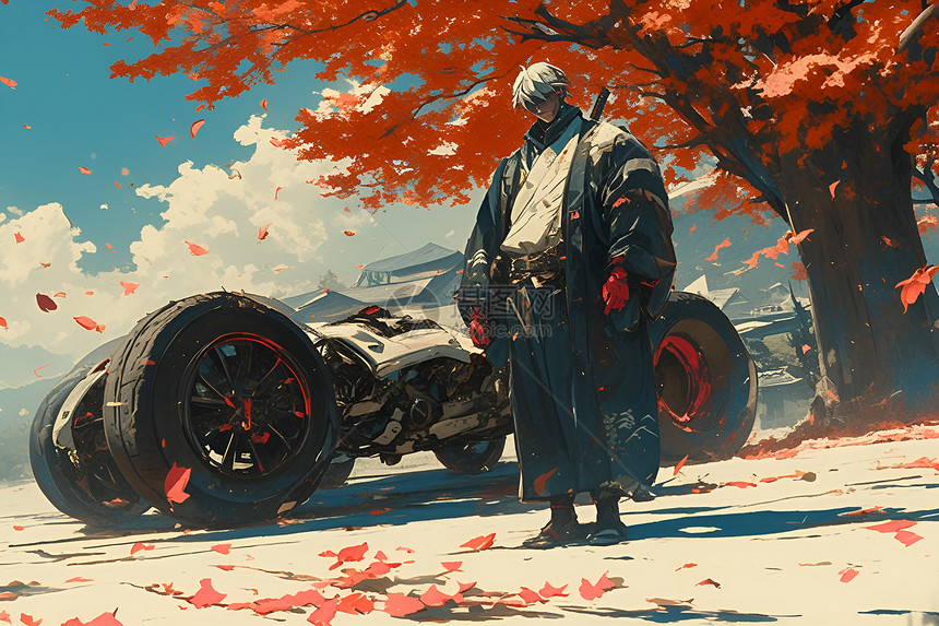 男子站在飘落红叶的树木下图片