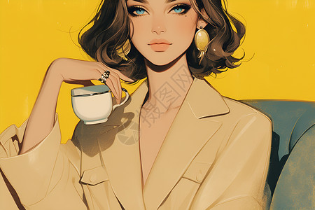 优雅女士喝咖啡喝咖啡的女性插画