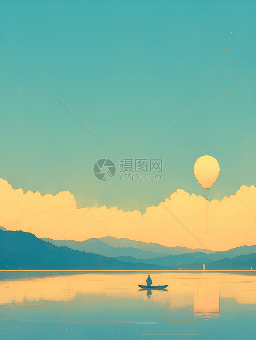 热气球飘过湖泊图片