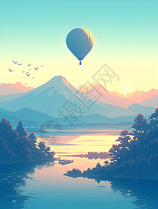 漂浮热气球湖水上的热气球插画