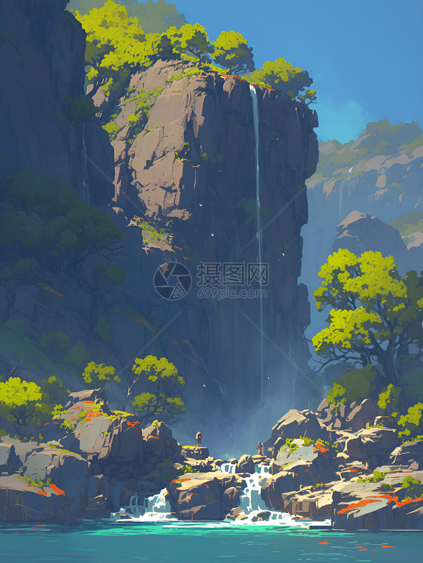 孤岛上峭壁间蔓延的瀑布图片