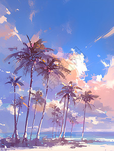美丽的热带岛屿上摇曳的椰子树背景图片