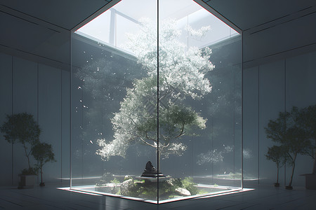 简约空间感镜面空间中的树背景