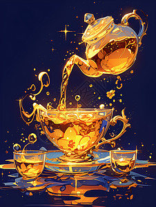 茶香气魔幻泼溅茶壶倾泻金色芳香插画