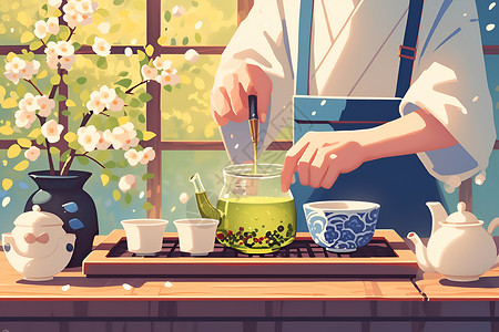 花瓶桌子煮茶的大师插画