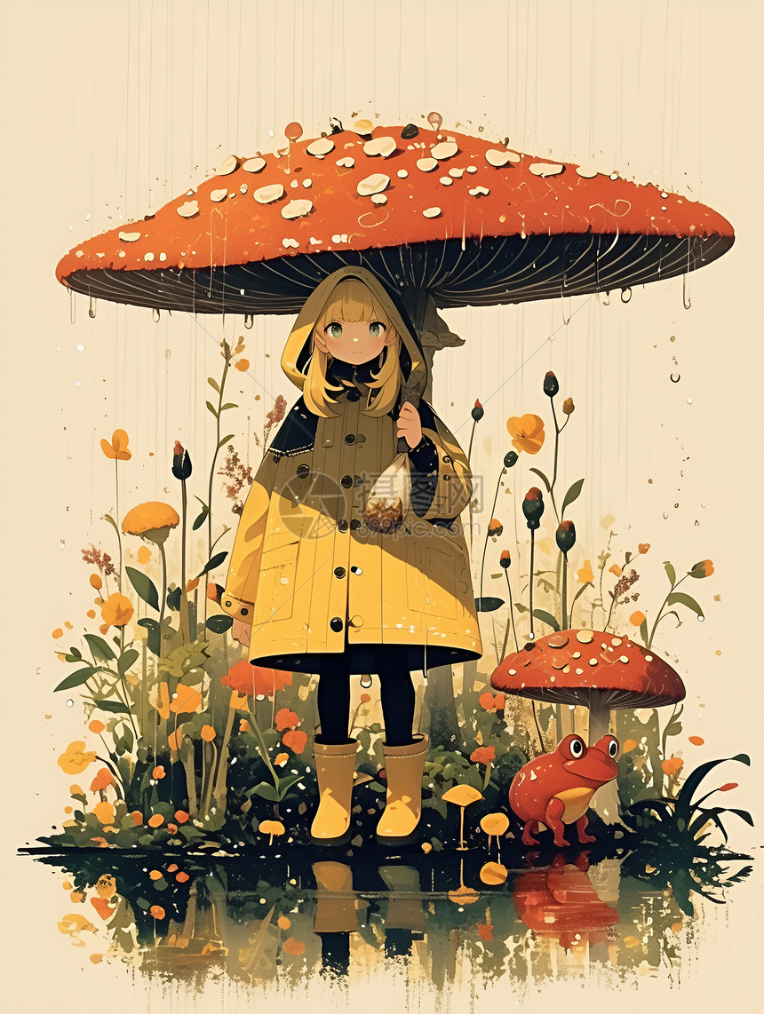 蘑菇下的少女与红蛙图片
